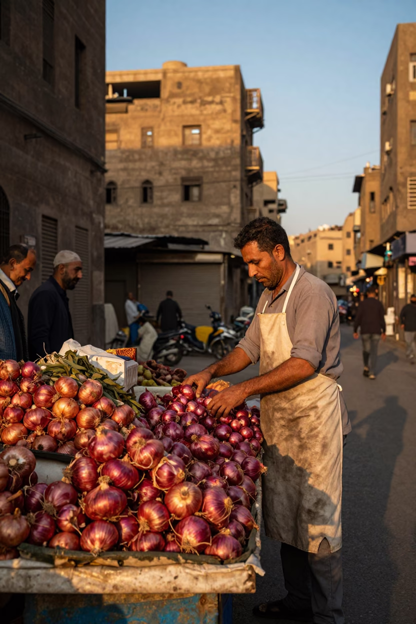 Cairo Egypt Evening Street Scene with Onions and Apron in in Cairo, Egypt