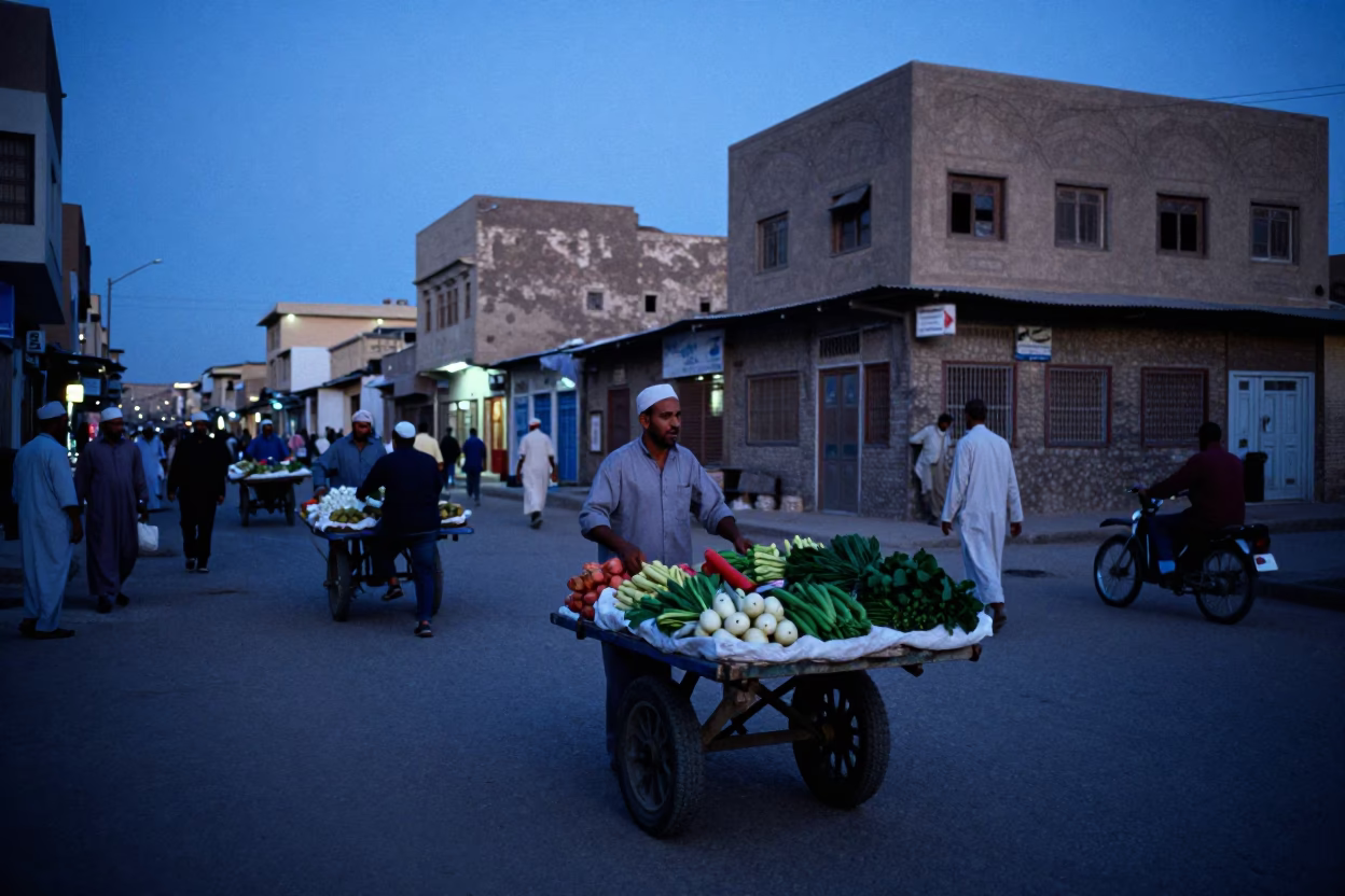 Cairo Egypt Evening Street Scene with Rolling Carts and Blue Light in in Cairo, Egypt