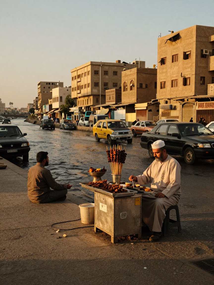 Cairo Egypt Evening Street Scene with Satay Skewers and Traditional Tea in in Cairo, Egypt