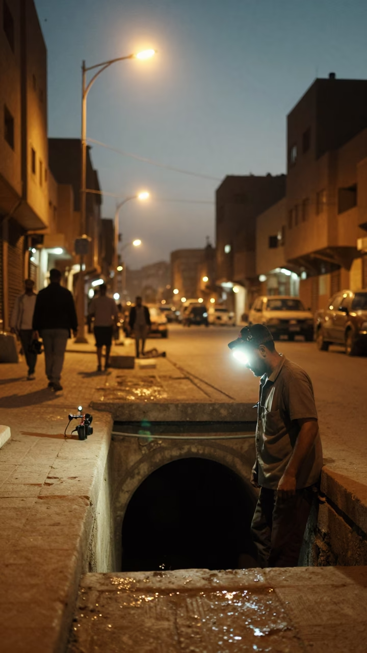 Cairo Egypt Evening Street Scene with Sewage Tunnel Worker and Brass Jar at Dusk in in Cairo, Egypt