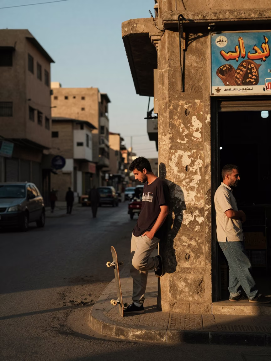 Cairo Egypt Evening Street Scene with Skateboard and Local Shopkeeper Interaction in in Cairo, Egypt