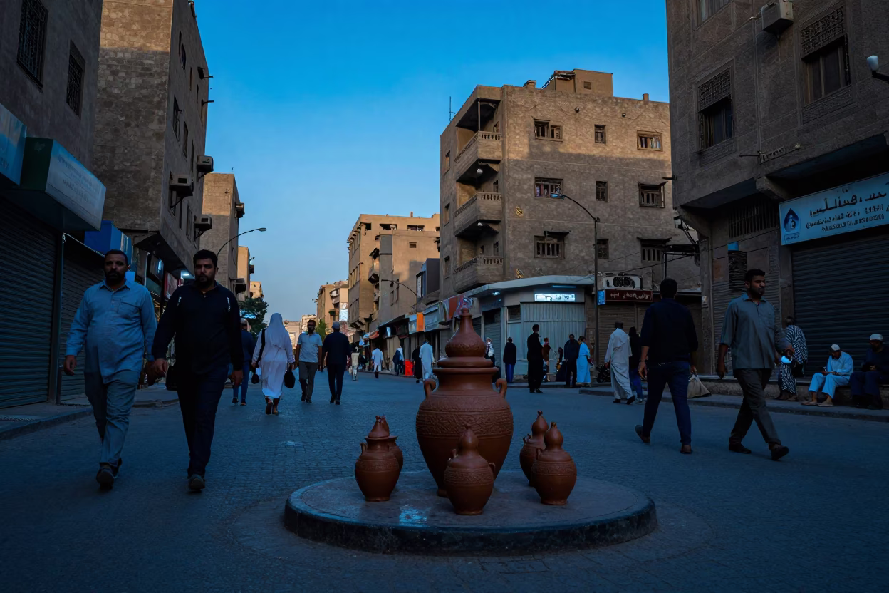 Cairo Egypt Evening Street Scene with Spice Jar and Local Market Activity in in Cairo, Egypt