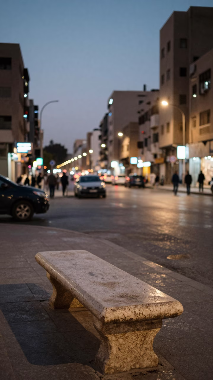 Cairo Egypt Evening Street Scene with Stone Bench and City Lights Glow in in Cairo, Egypt