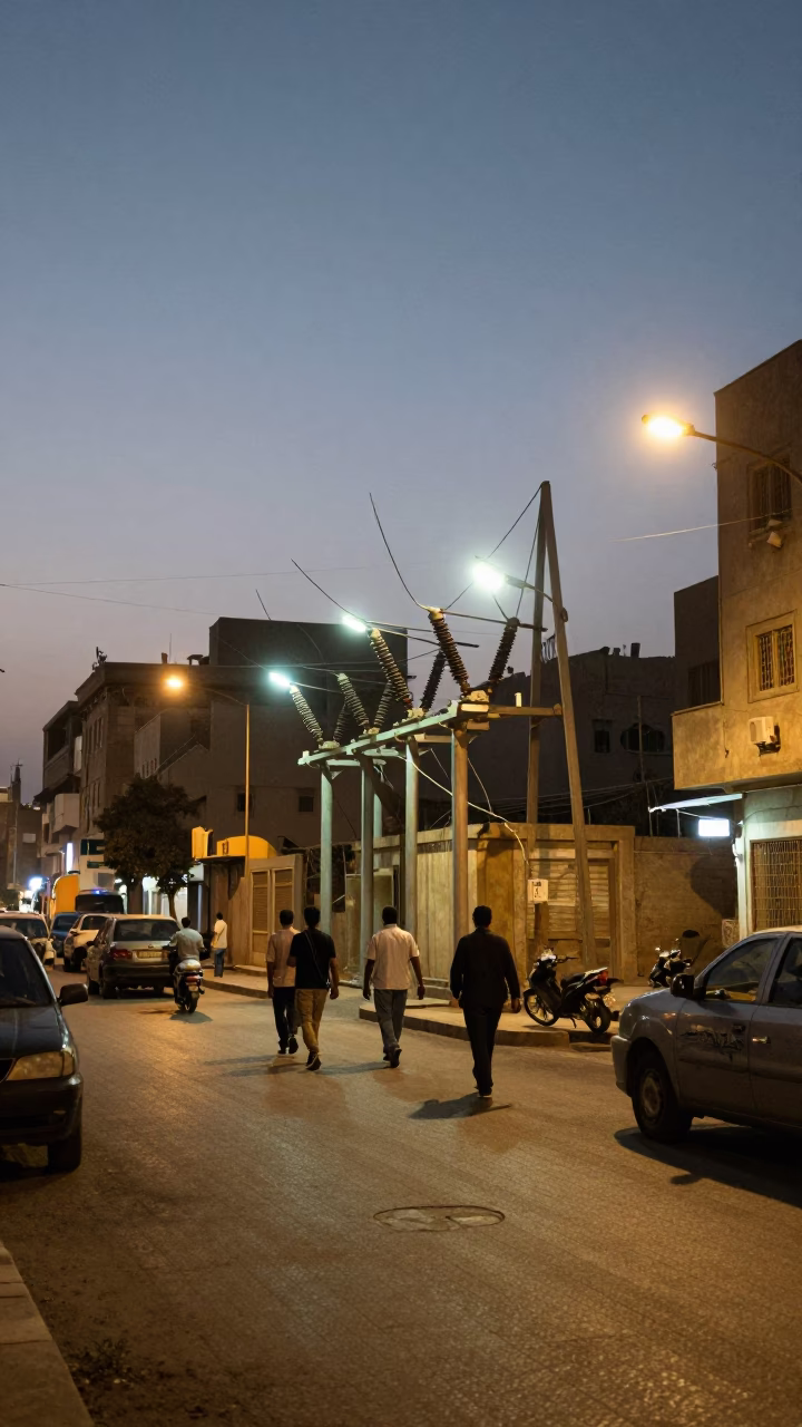 Cairo Egypt Evening Street Scene With Substation Insulators Glowing Under Floodlights in in Cairo, Egypt