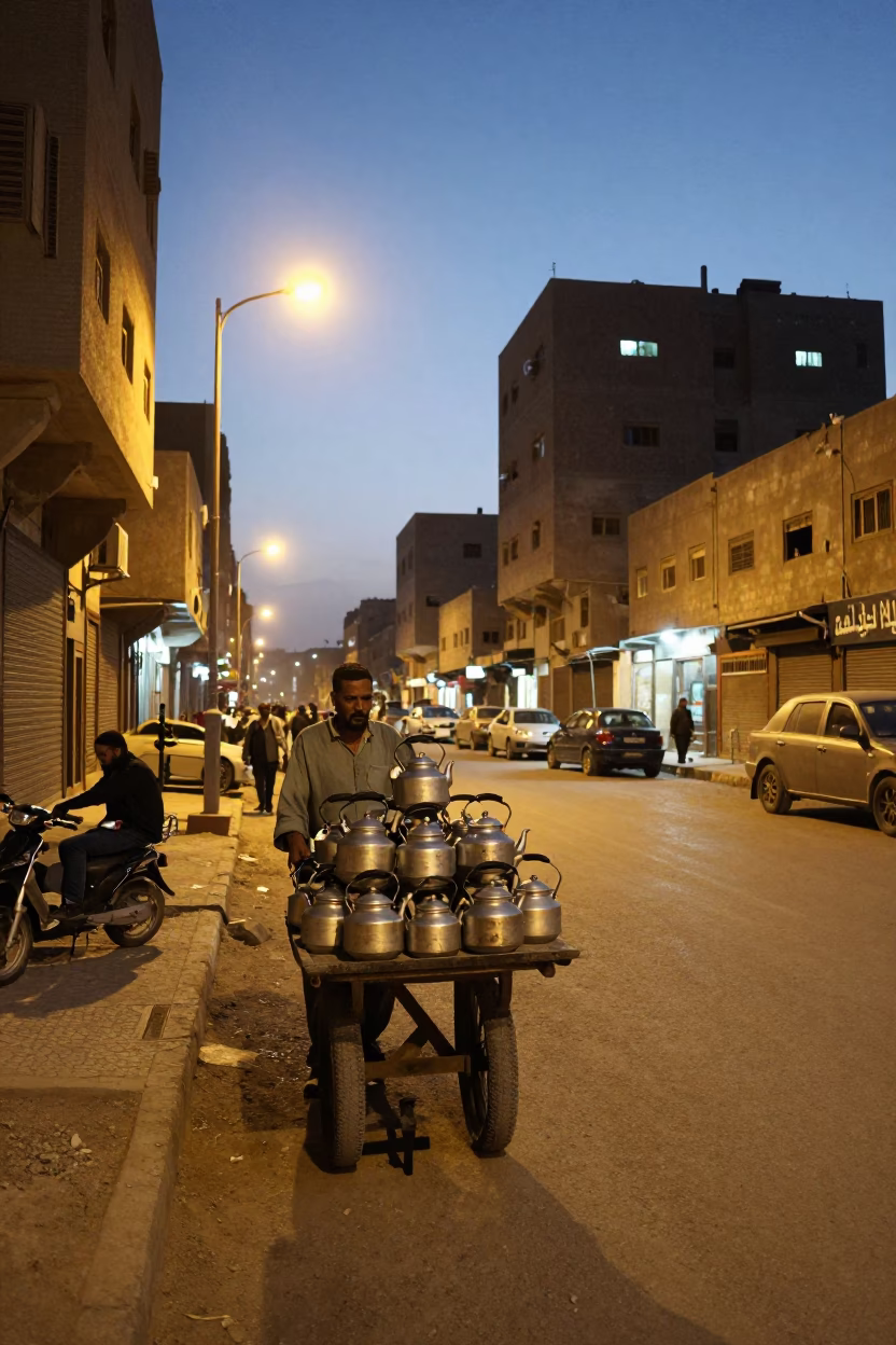 Cairo Egypt Evening Street Scene with Tea Kettles and Local Life in in Cairo, Egypt