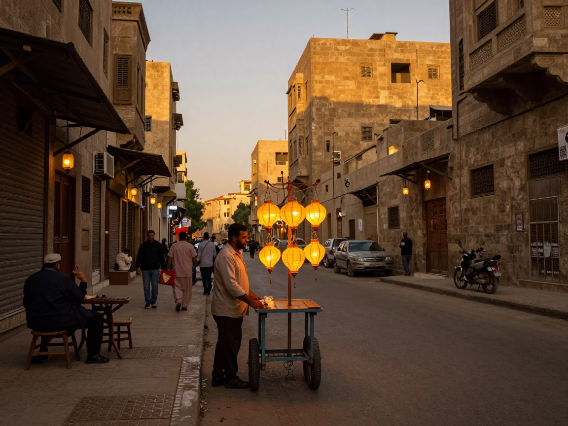 Cairo Egypt Evening Street Scene with Traditional Lanterns and Historic Architecture in in Cairo, Egypt