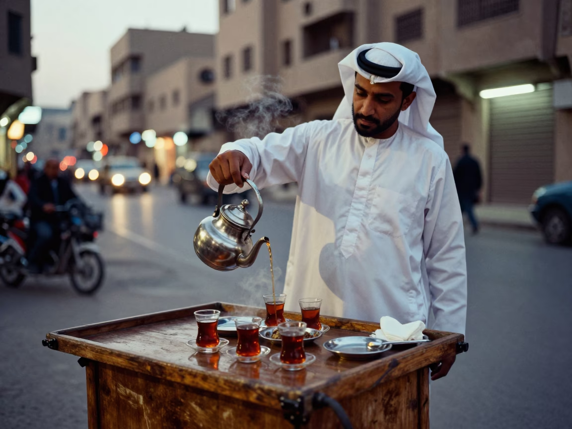 Cairo Egypt evening street scene with traditional tea service and bustling city lights in in Cairo, Egypt