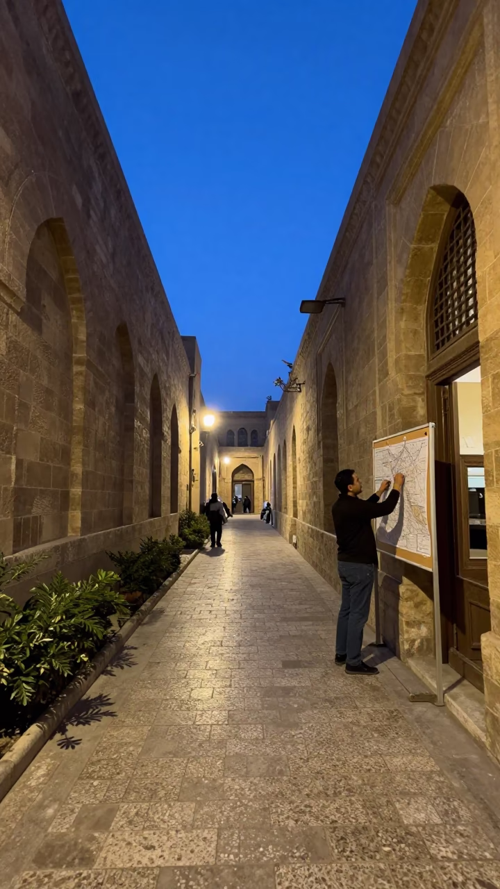 Cairo Egypt evening street scene with university cloister walkway stone buildings and corkboard maps in in Cairo, Egypt