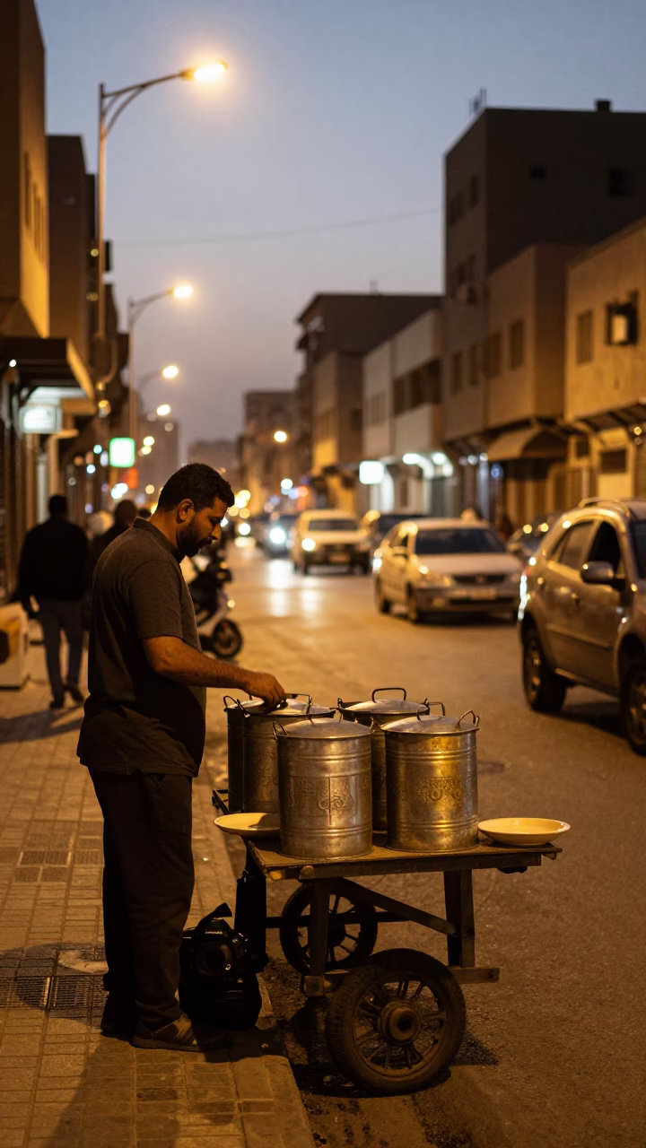 Cairo Egypt Evening Street Scene with Vendor Canisters and City Lights in in Cairo, Egypt