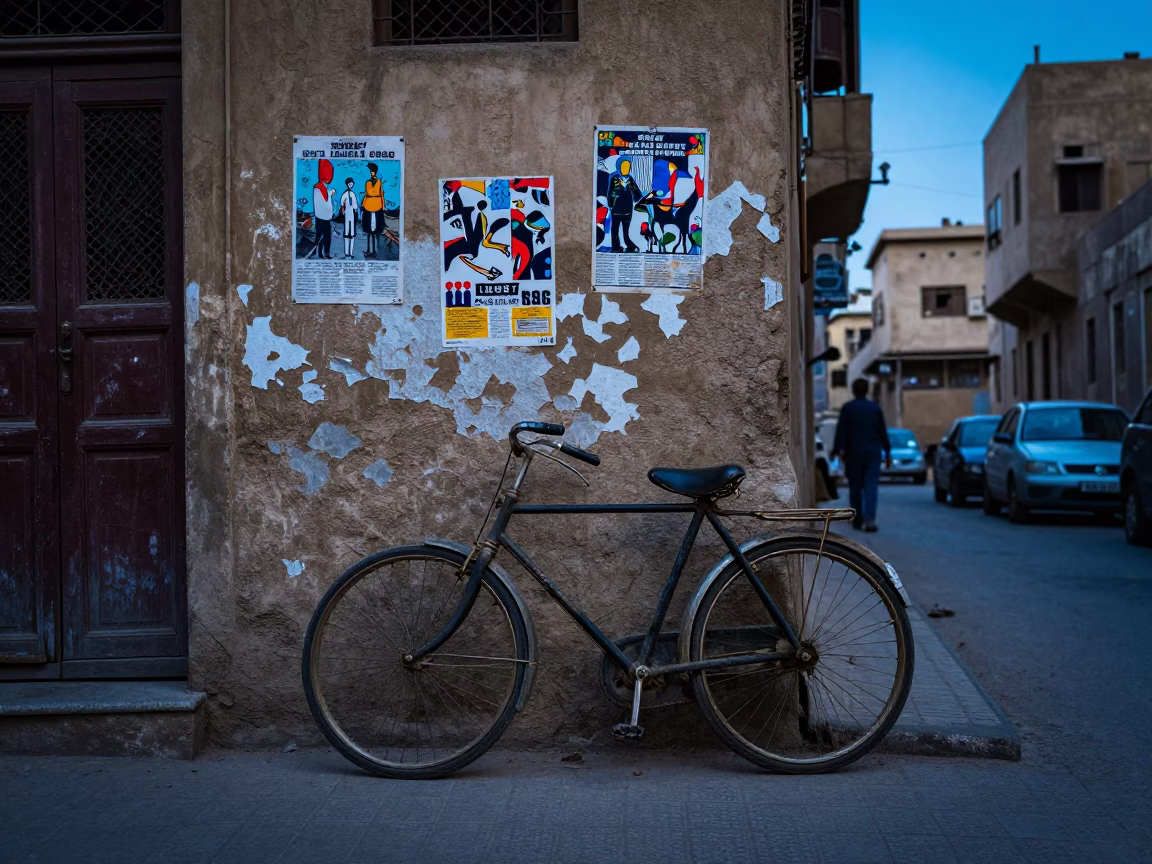 Cairo Egypt Evening Street Scene with Vintage Bicycle and Colorful Glass Bottle in in Cairo, Egypt