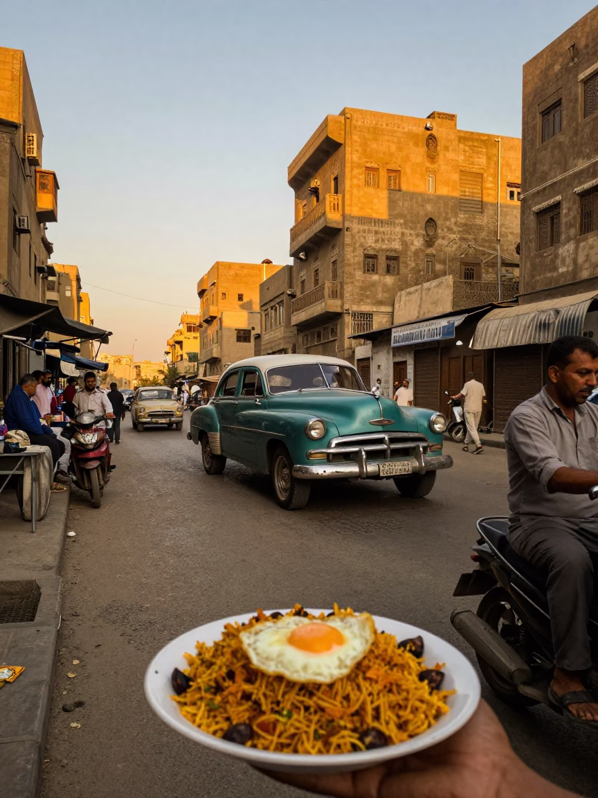 Cairo Egypt Evening Street Scene with Vintage Car and Local Dining in in Cairo, Egypt