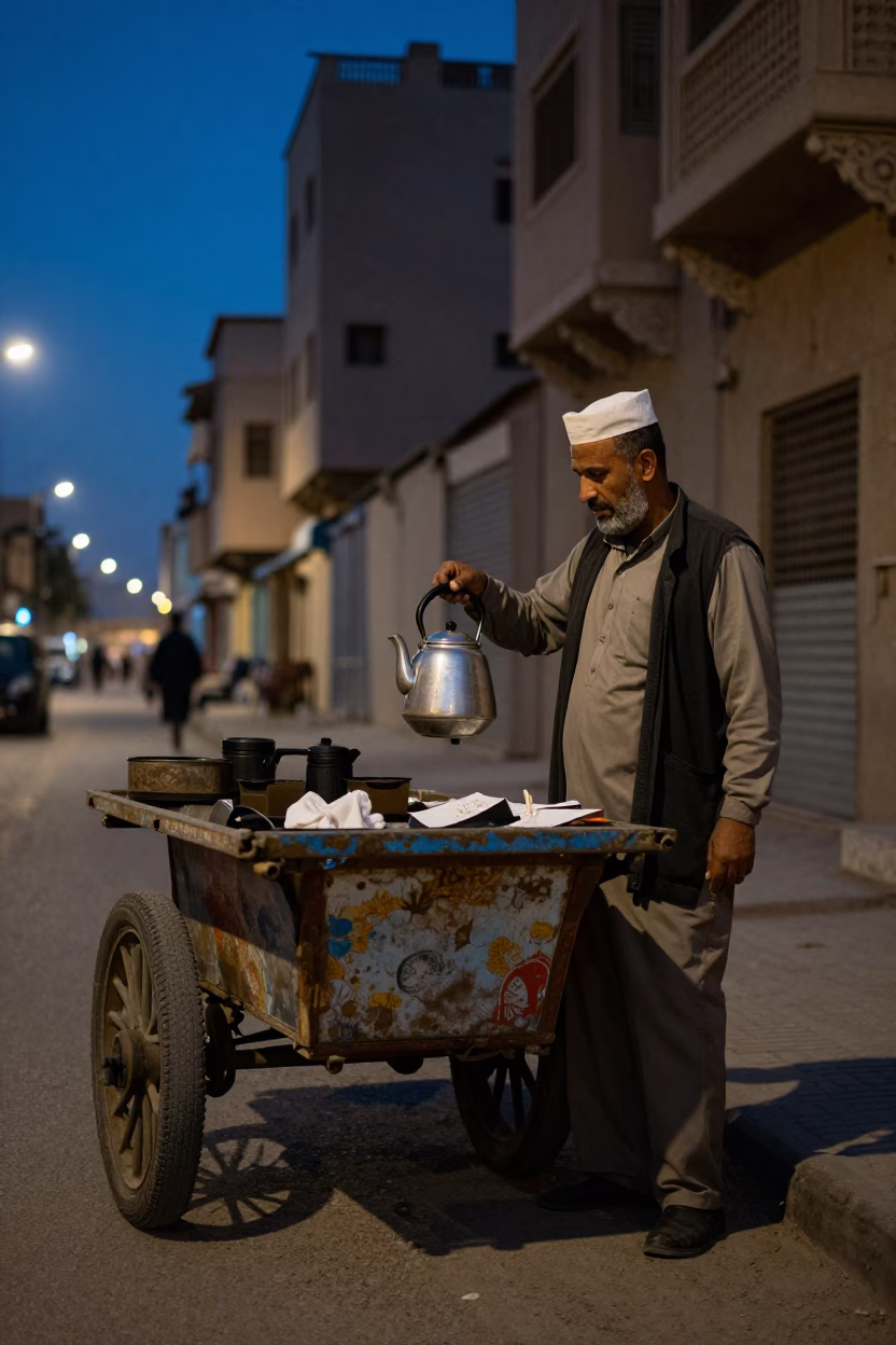 Cairo Egypt Evening Street Scene with Vintage Electric Kettle and Local Vendor in in Cairo, Egypt