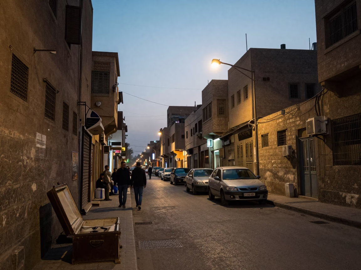Cairo Egypt Evening Street Scene with Vintage Hatbox and City Lights in in Cairo, Egypt