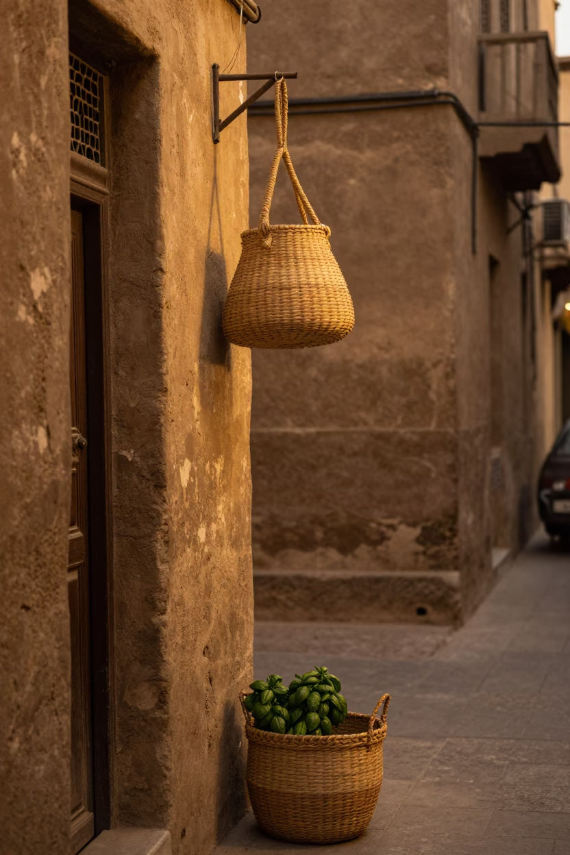 Cairo Egypt Evening Street Scene with Woven Basket and Basil Plant in Honeyed Light in in Cairo, Egypt
