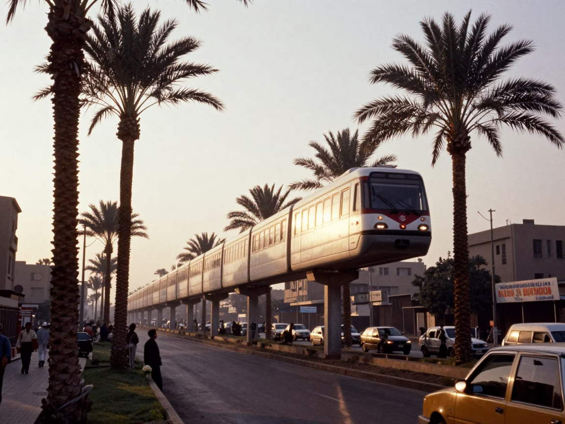 Cairo Egypt First Light Monorail Gliding Past Palm Trees and Glass Towers in 1980s in in Cairo, Egypt