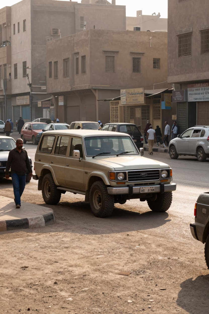 Cairo Egypt First Light Street Scene Vintage SUV and Local Life in in Cairo, Egypt