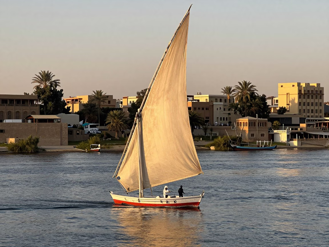 Cairo Egypt Golden Hour Felucca Sail on Nile River Near Islamic Architecture in in Cairo, Egypt