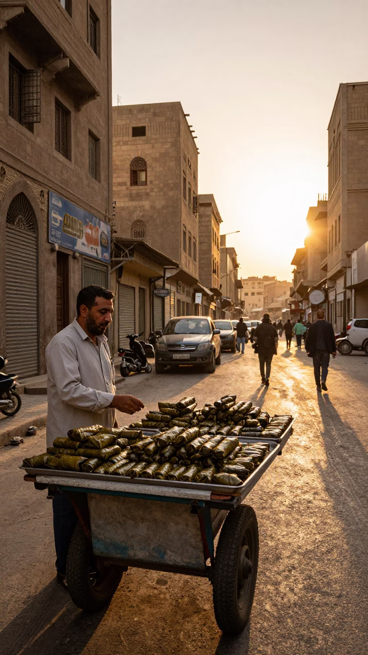Cairo Egypt Golden Hour Street Scene with Grape Leaf Dolma and Vintage Details in in Cairo, Egypt