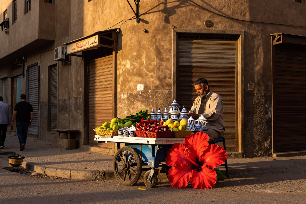 Cairo Egypt Golden Hour Street Scene with Hibiscus and Traditional Tea in in Cairo, Egypt