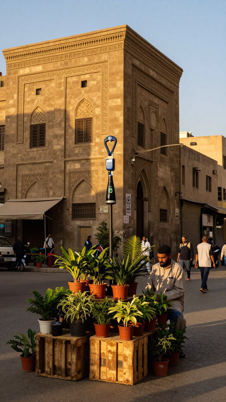 Cairo Egypt Golden Hour Street Scene with Local Houseplants and Bottle Opener in in Cairo, Egypt