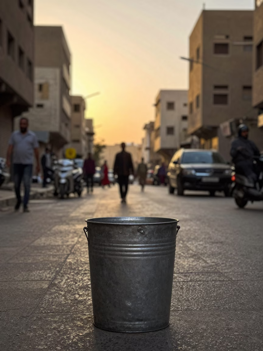 Cairo Egypt Golden Hour Street Scene with Metal Bucket and Urban Background in in Cairo, Egypt