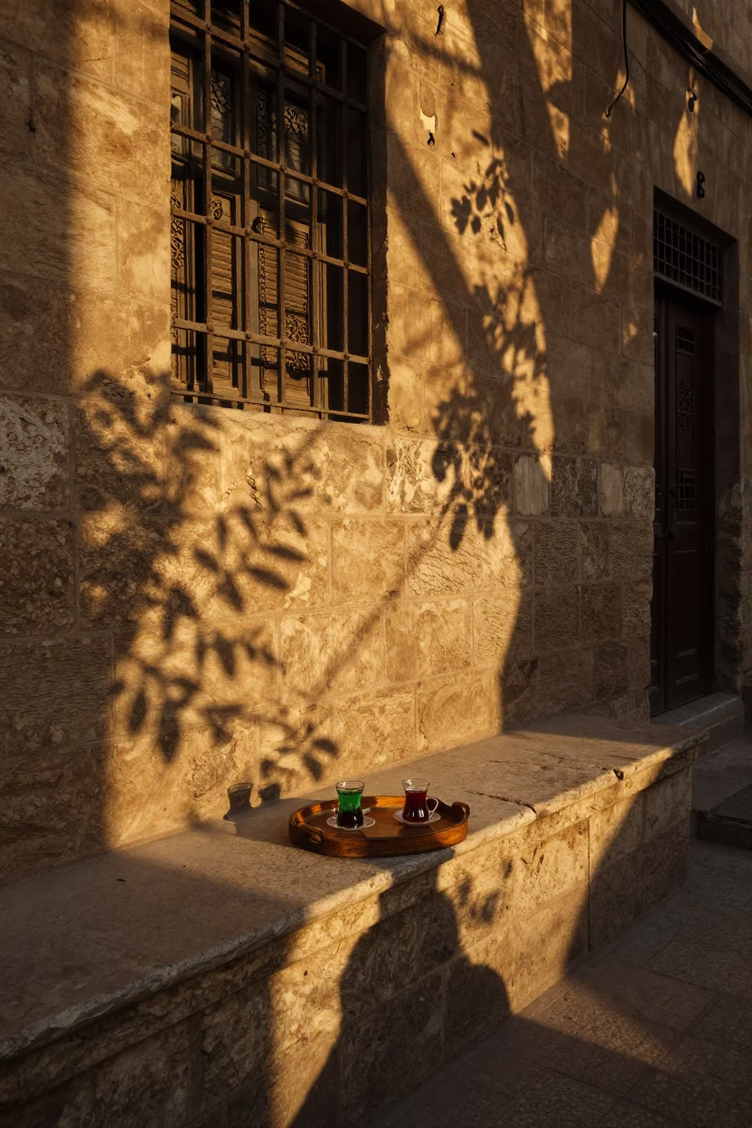 Cairo Egypt Golden Hour Street Scene with Mint Tea and Leaf Shadows in in Cairo, Egypt