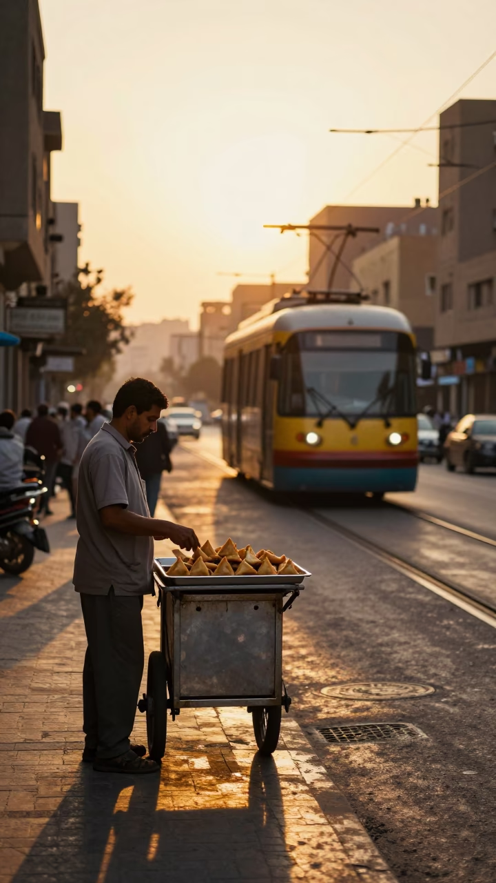 Cairo Egypt Golden Hour Street Scene with Sambusa Vendor and Monorail in in Cairo, Egypt