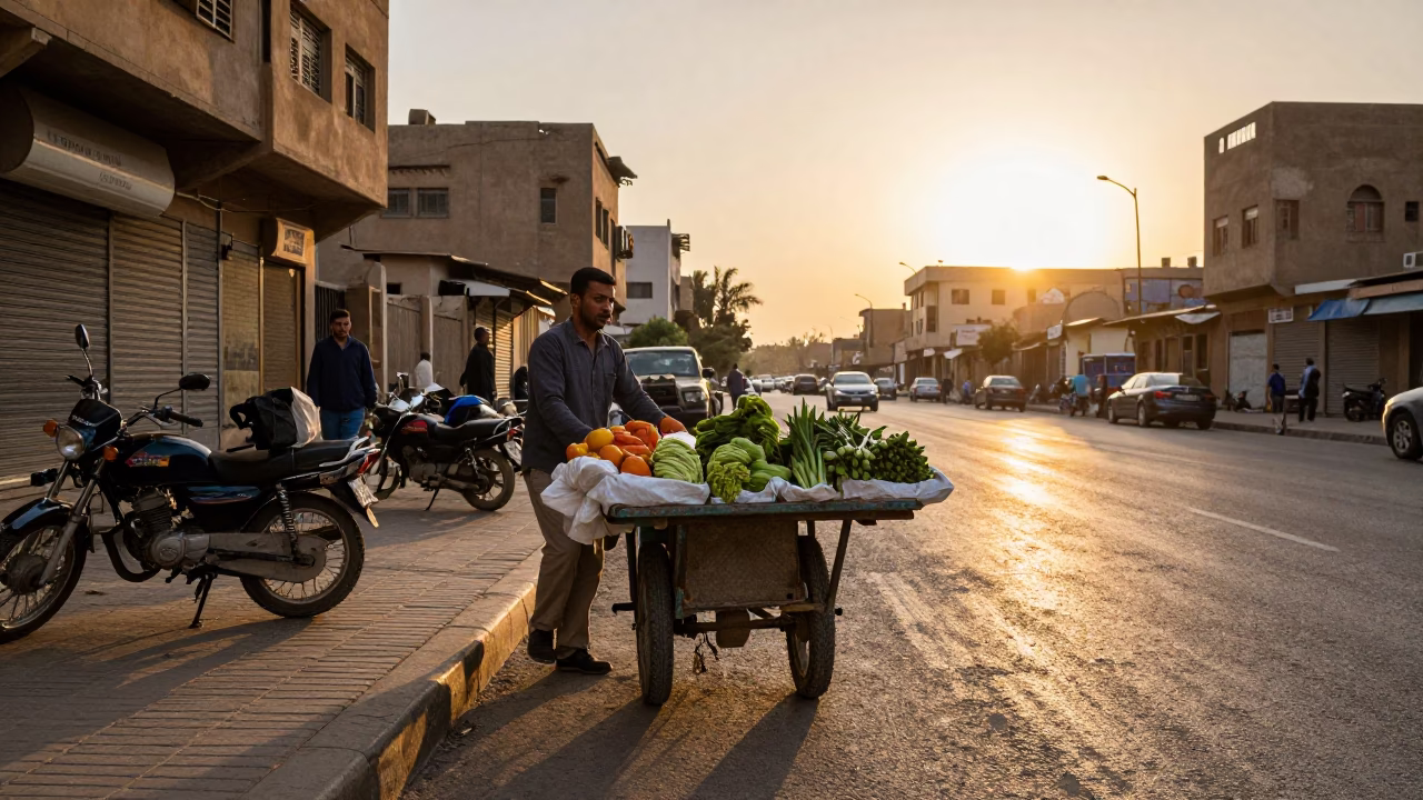 Cairo Egypt Golden Hour Street Scene with Vintage Motorcycle and Local Vendor in in Cairo, Egypt