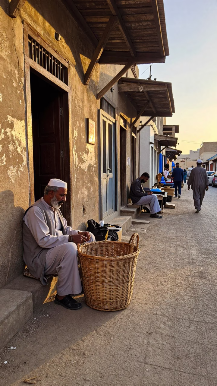 Cairo Egypt Golden Hour Street Scene With Wicker Basket And Traditional Market Activity in in Cairo, Egypt