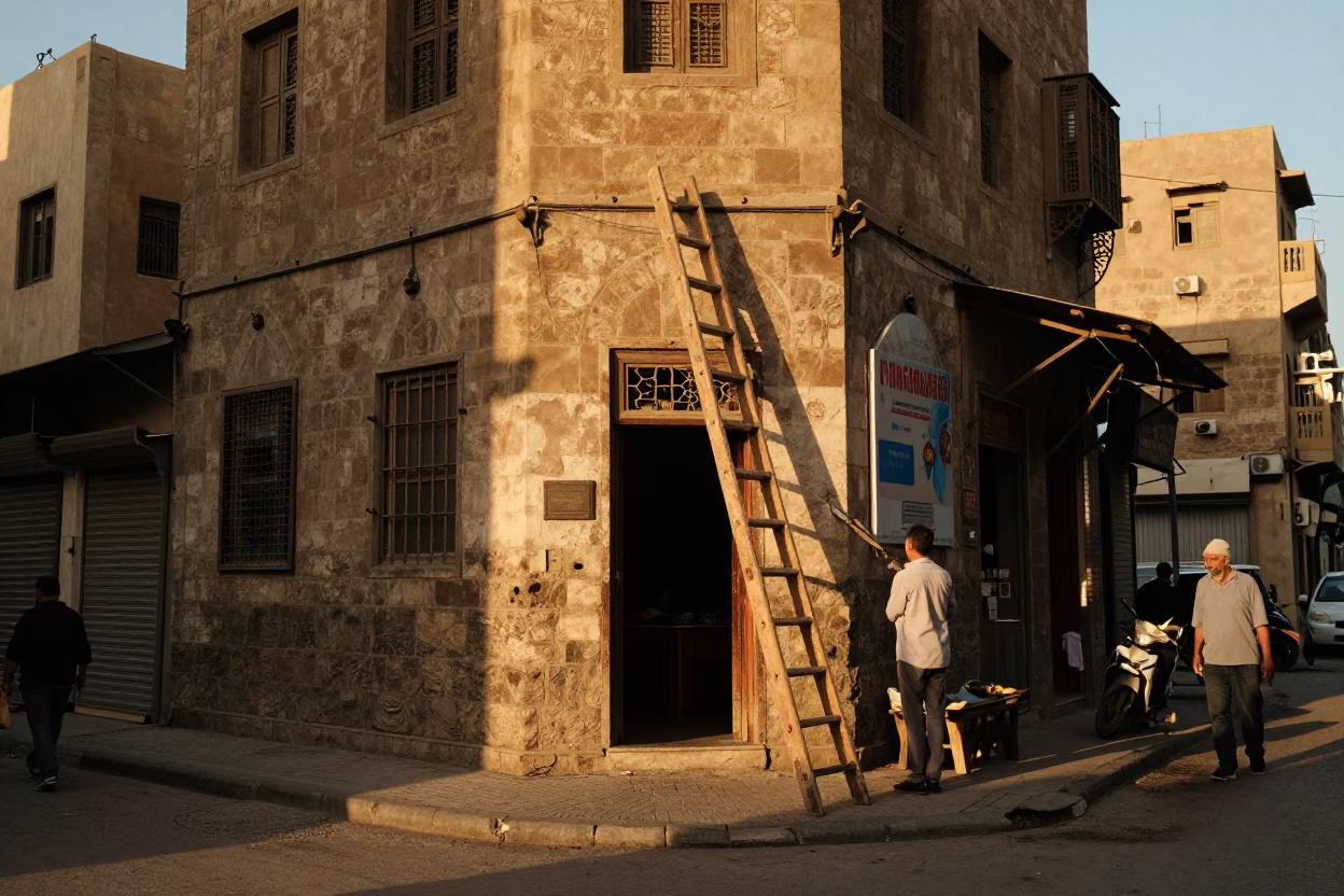 Cairo Egypt Golden Hour Street Scene with Wooden Ladder and Local Interaction in in Cairo, Egypt