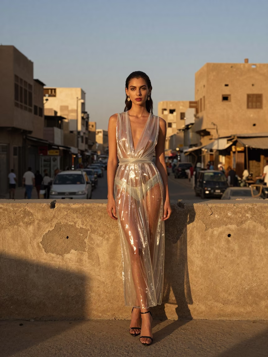 Cairo Egypt Honeyed Evening Light High Fashion Model Clear Glass Frame Urban Street Scene in in Cairo, Egypt