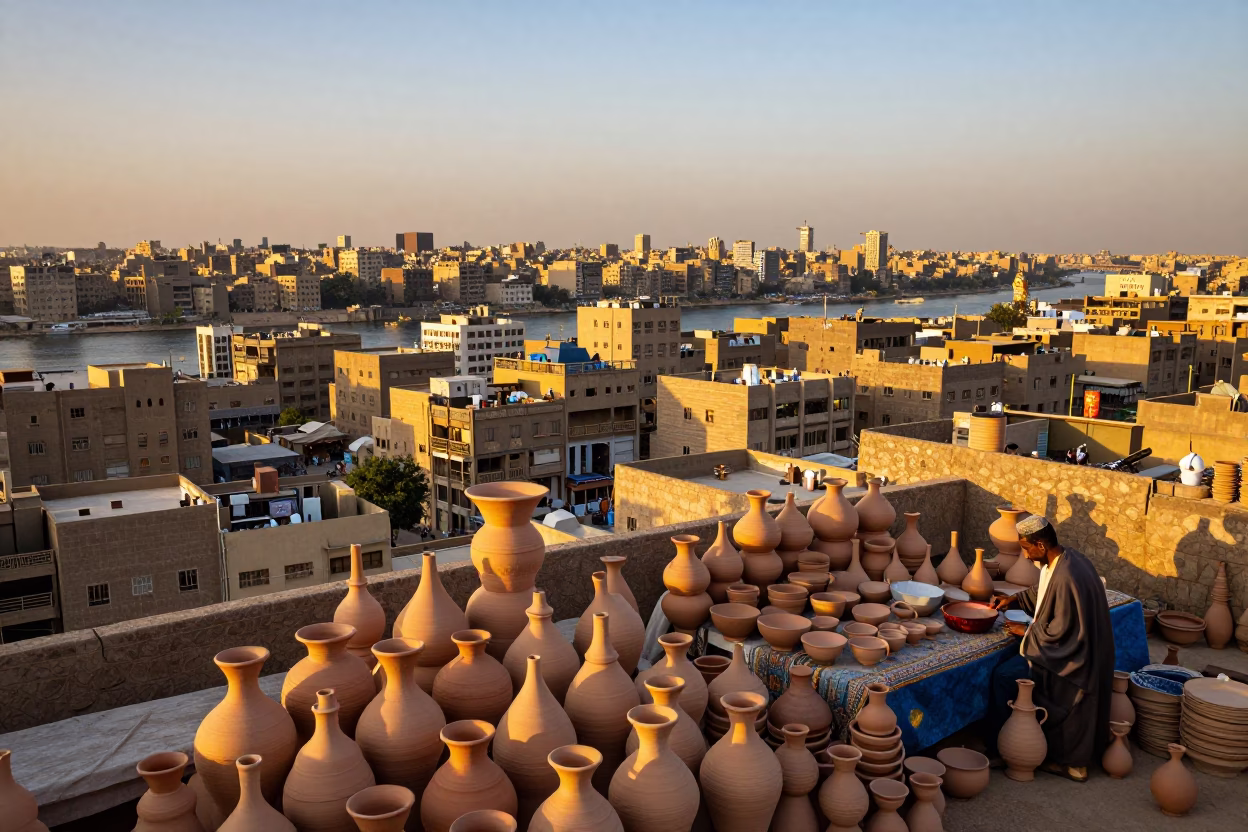 Cairo Egypt Honeyed Evening Light Pottery Market Stacked Wares Horizon Shot in in Cairo, Egypt