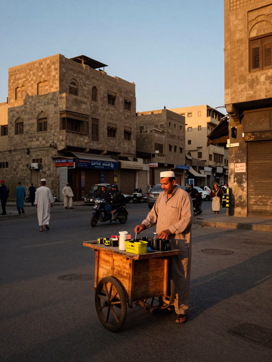 Cairo Egypt Honeyed Evening Light Street Scene with Local Vendor and Traditional Tea Service in in Cairo, Egypt