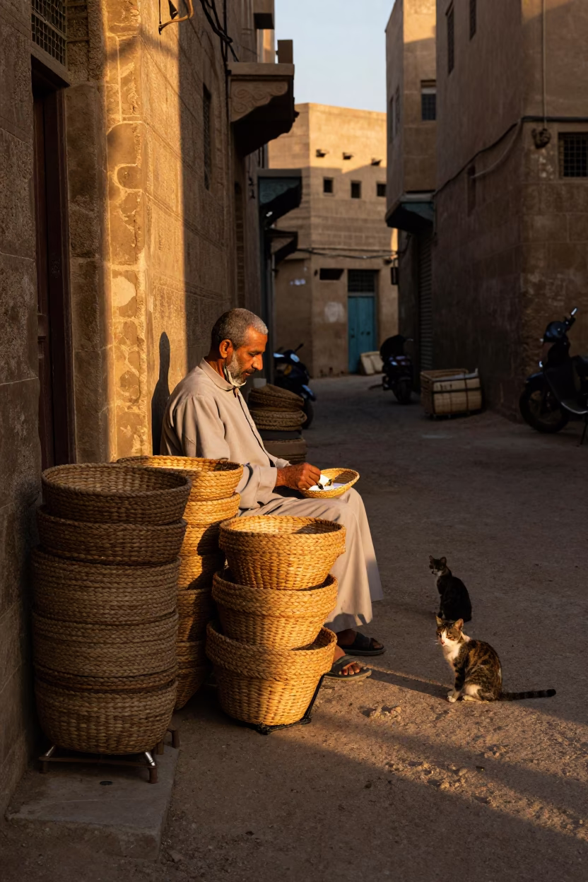 Cairo Egypt Honeyed Evening Light Street Scene with Woven Baskets and Cat in in Cairo, Egypt