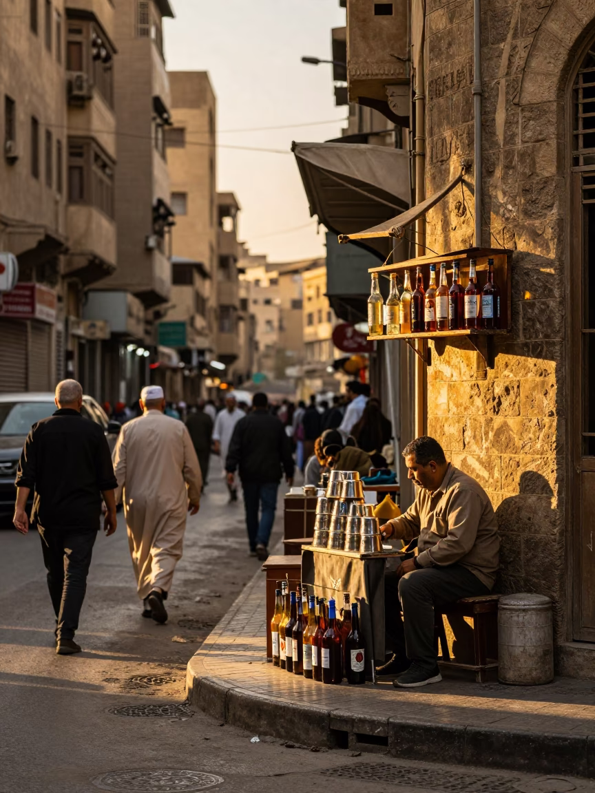 Cairo Egypt Honeyed Evening Street Scene with Glass Bottles and Daily Life in in Cairo, Egypt