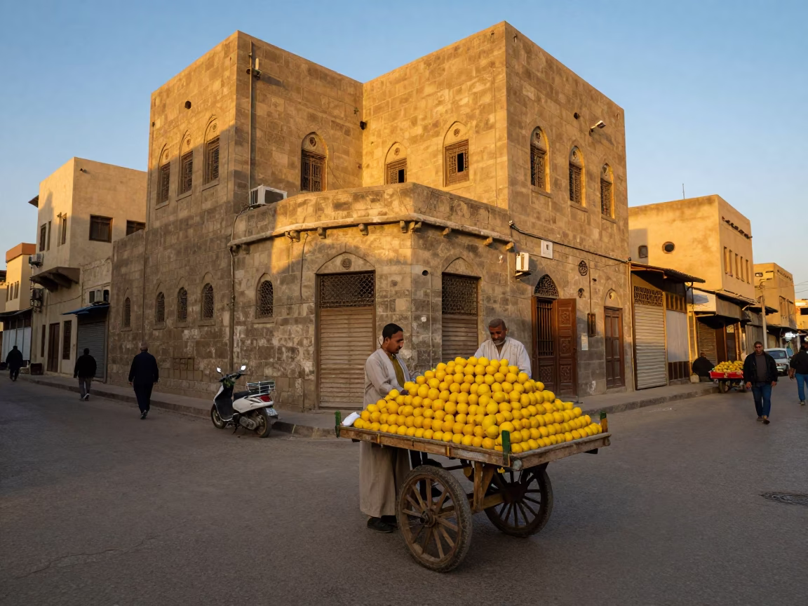 Cairo Egypt Honeyed Evening Street Scene with Lemons and Traditional Market Activity in in Cairo, Egypt