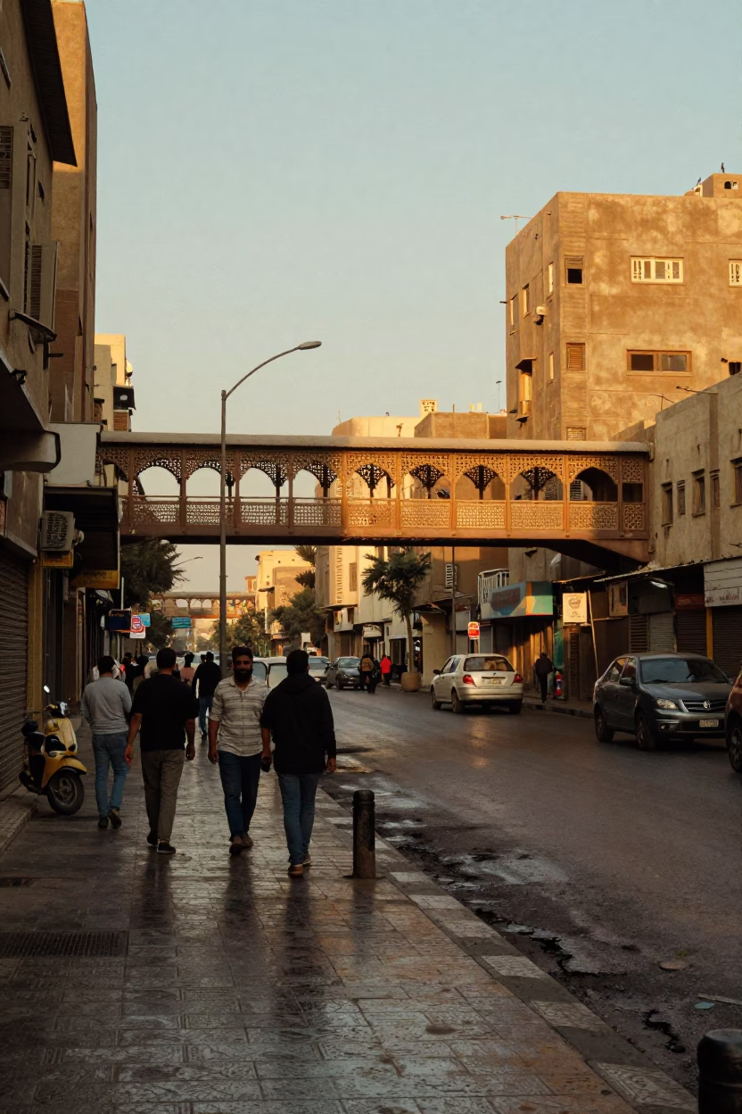 Cairo Egypt Honeyed Evening Street Scene with Pedestrian Overpass and Urban Life in in Cairo, Egypt