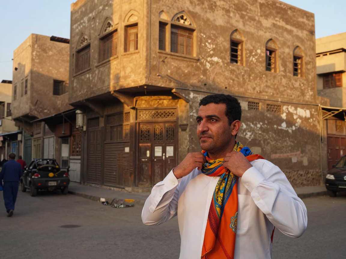 Cairo Egypt Honeyed Evening Street Scene with Scarf and Local Details in in Cairo, Egypt
