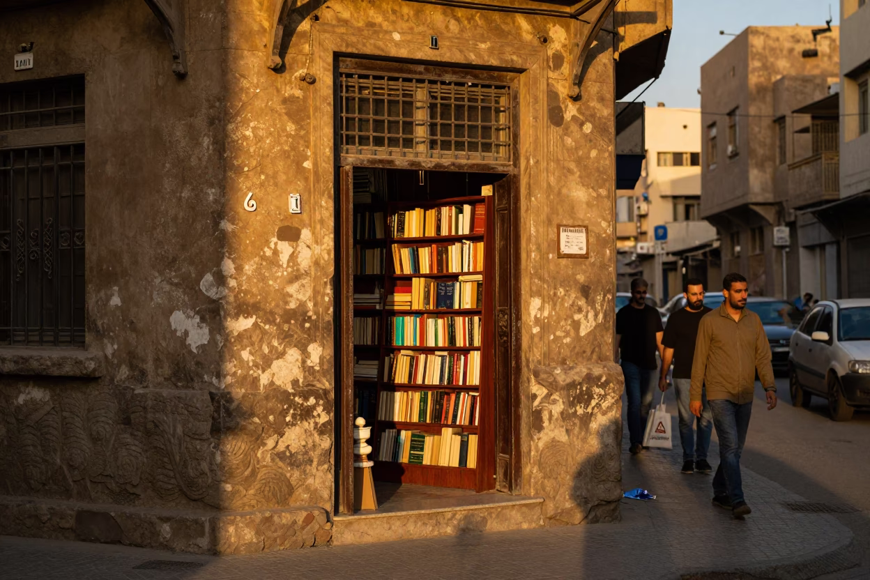 Cairo Egypt Honeyed Evening Street Scene with University Bookshelf and Bookmark in in Cairo, Egypt