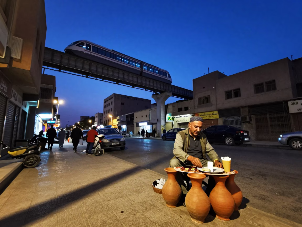 Cairo Egypt indigo twilight street scene with clay pot vendor and monorail in in Cairo, Egypt