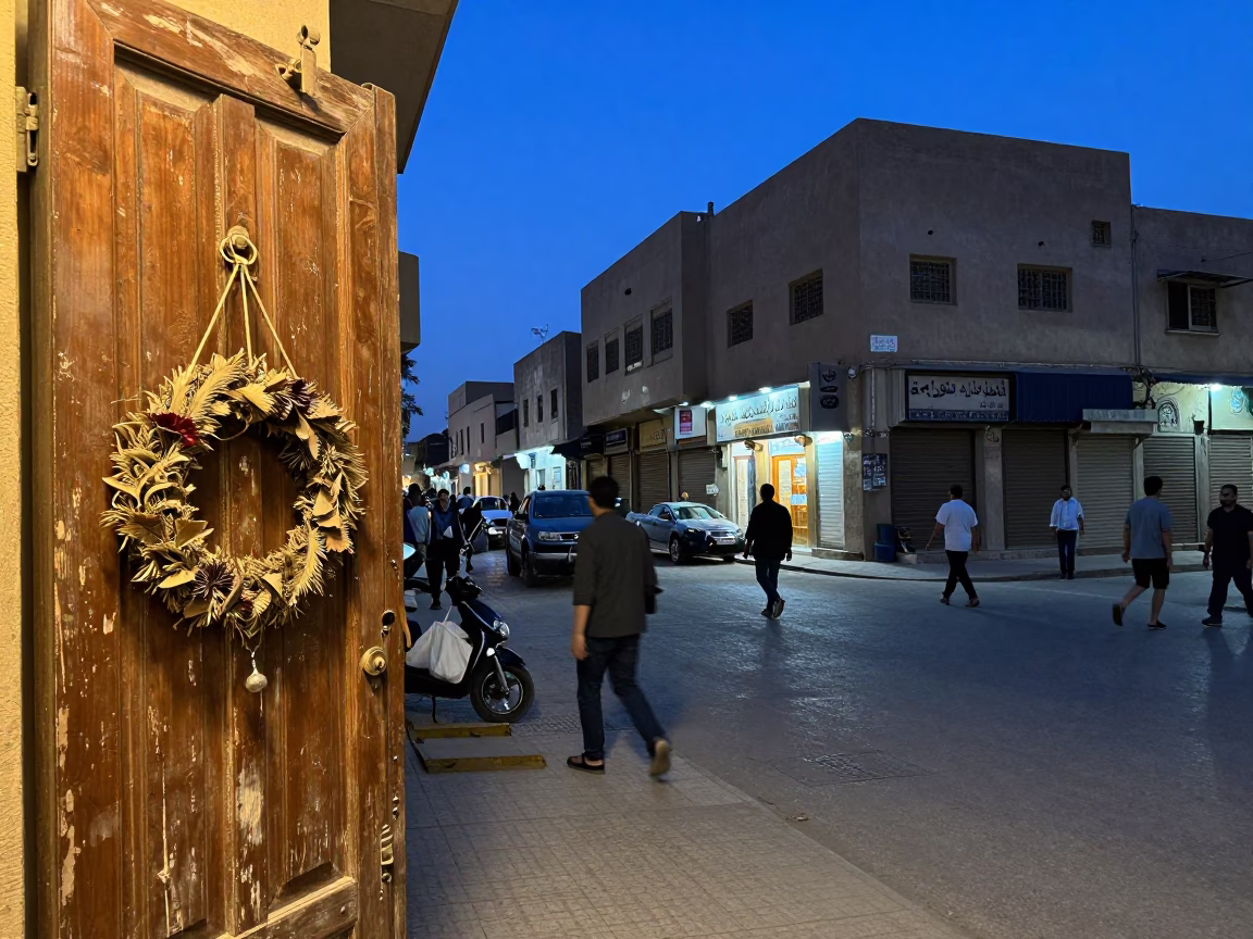 Cairo Egypt indigo twilight street scene with door wreaths and clipboard in in Cairo, Egypt