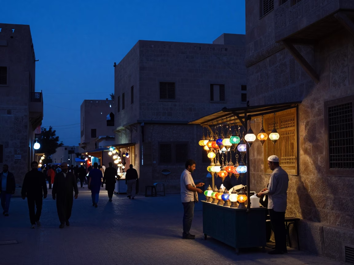 Cairo Egypt Indigo Twilight Street Scene with Hanging Lanterns and Stone Architecture in in Cairo, Egypt