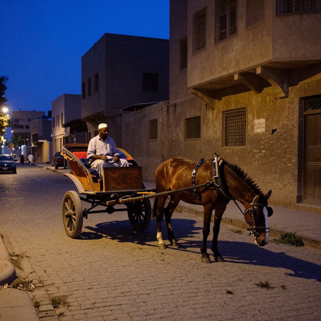 Cairo Egypt indigo twilight street scene with horse-drawn cart and cobblestone in in Cairo, Egypt