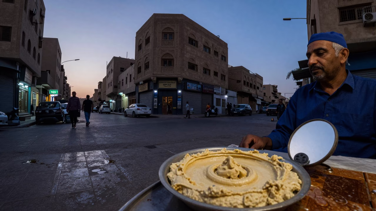 Cairo Egypt Indigo Twilight Street Scene with Hummus Spread and Hand Mirror in in Cairo, Egypt