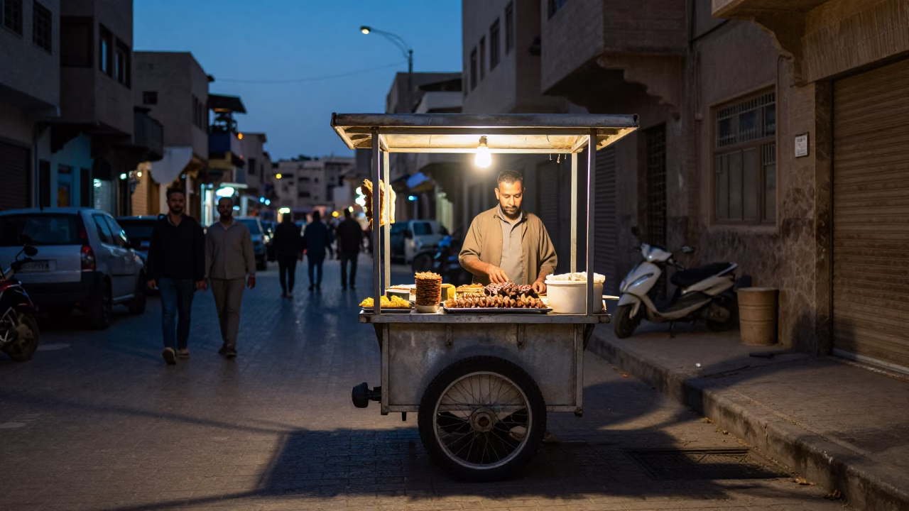 Cairo Egypt indigo twilight street scene with kebab plate and ayran glass in in Cairo, Egypt