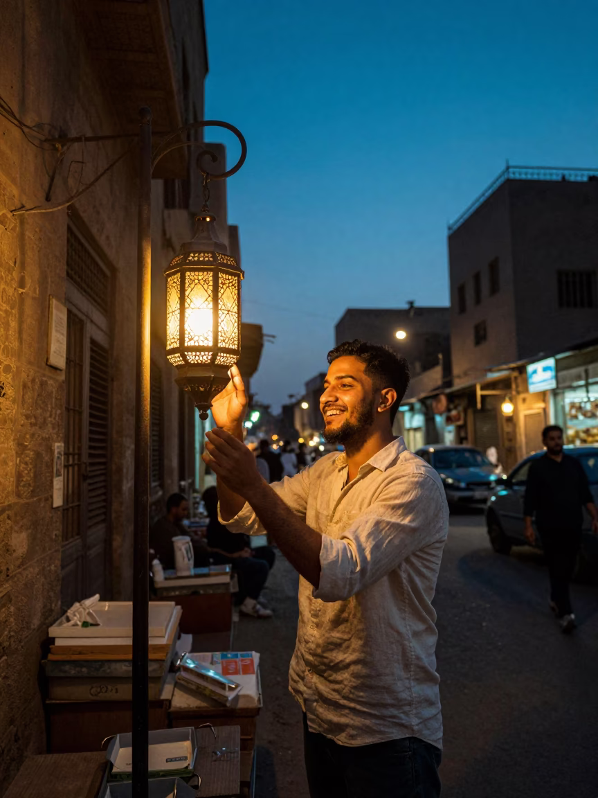Cairo Egypt indigo twilight street scene with lantern light and local activity in in Cairo, Egypt