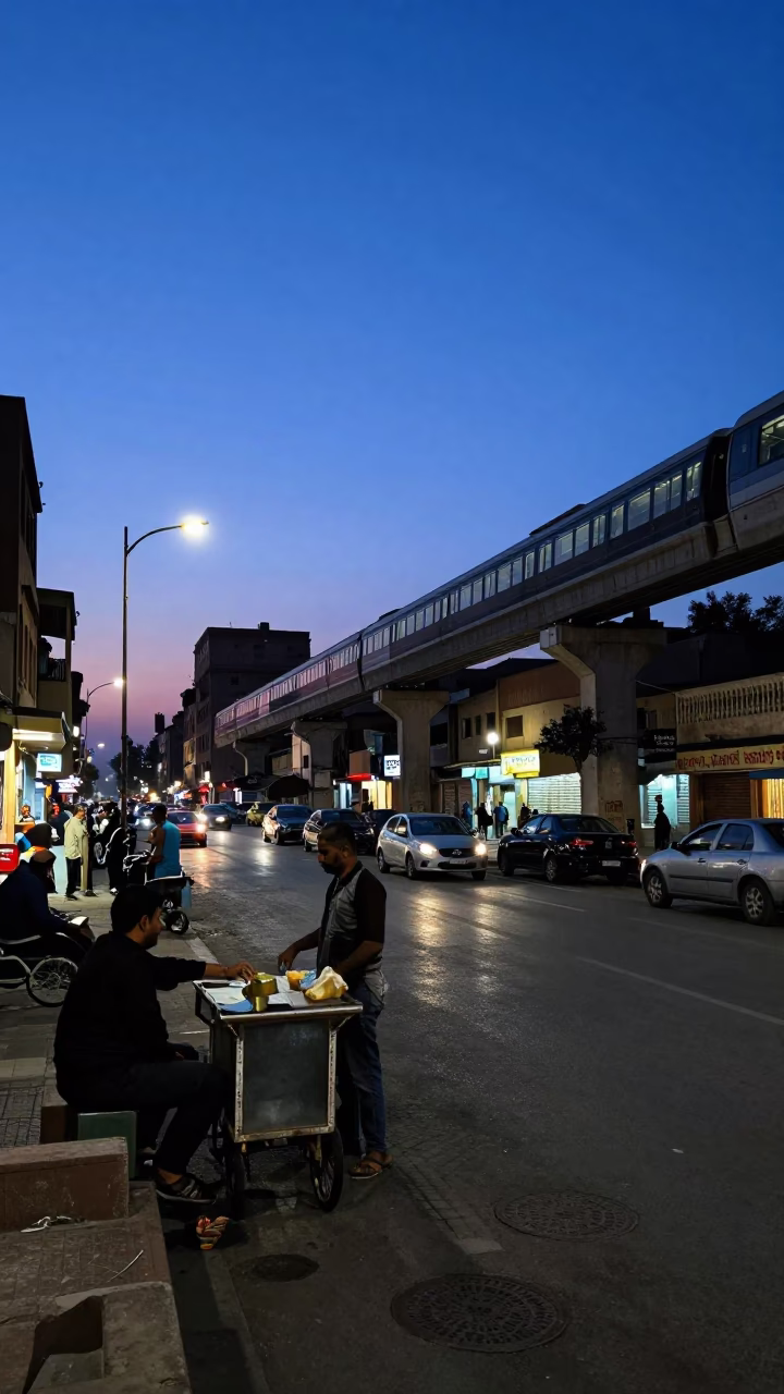 Cairo Egypt indigo twilight street scene with monorail and local life in in Cairo, Egypt