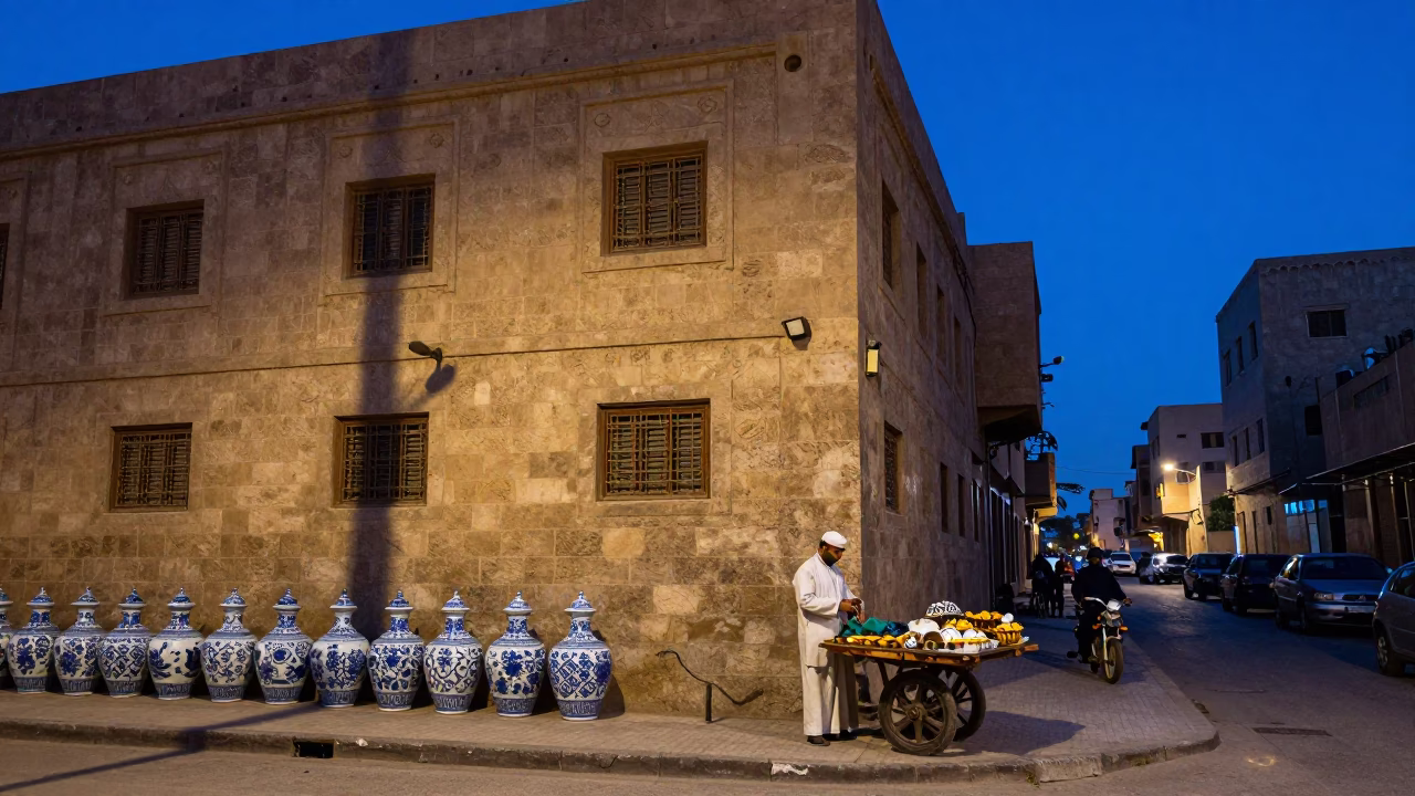 Cairo Egypt Indigo Twilight Street Scene with Porcelain Jar and Wrench in in Cairo, Egypt