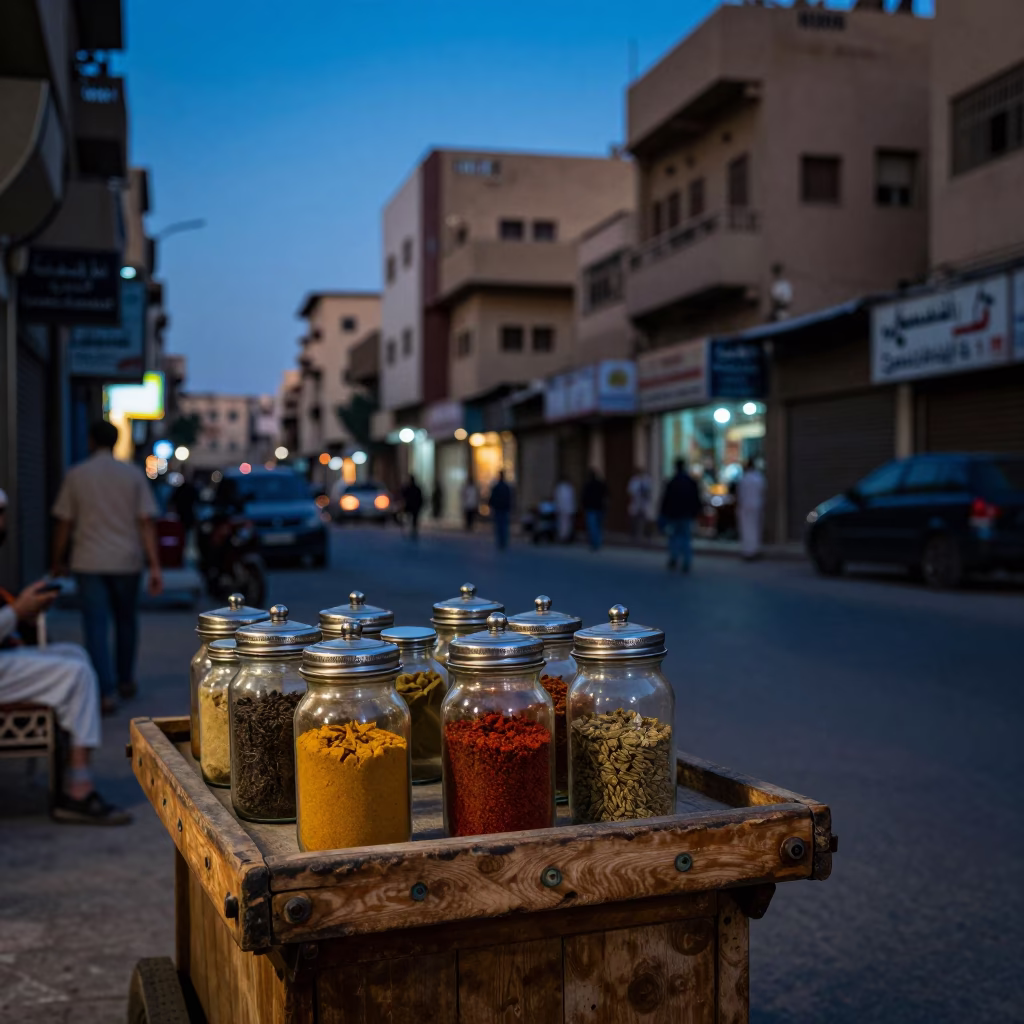 Cairo Egypt indigo twilight street scene with spice jars and bottles on vendor cart in in Cairo, Egypt