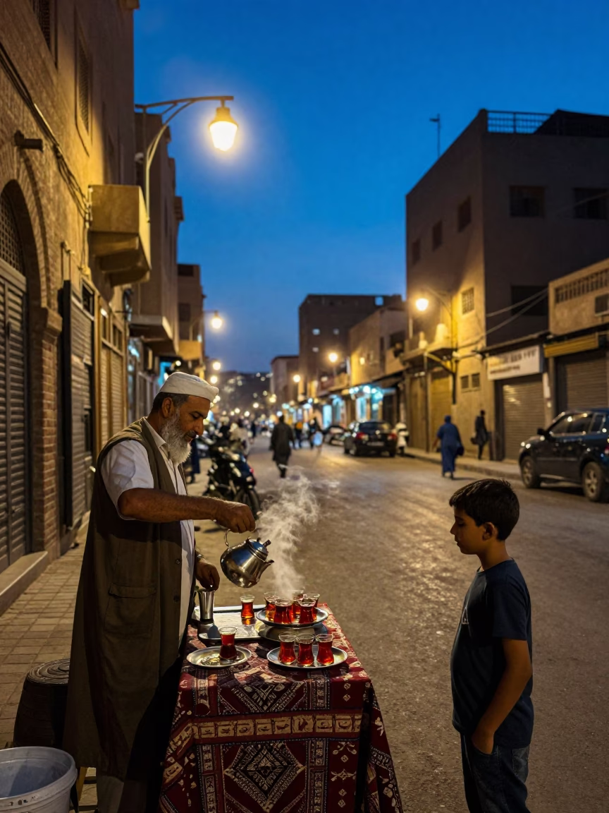 Cairo Egypt indigo twilight street scene with tea vendor and historic architecture in in Cairo, Egypt